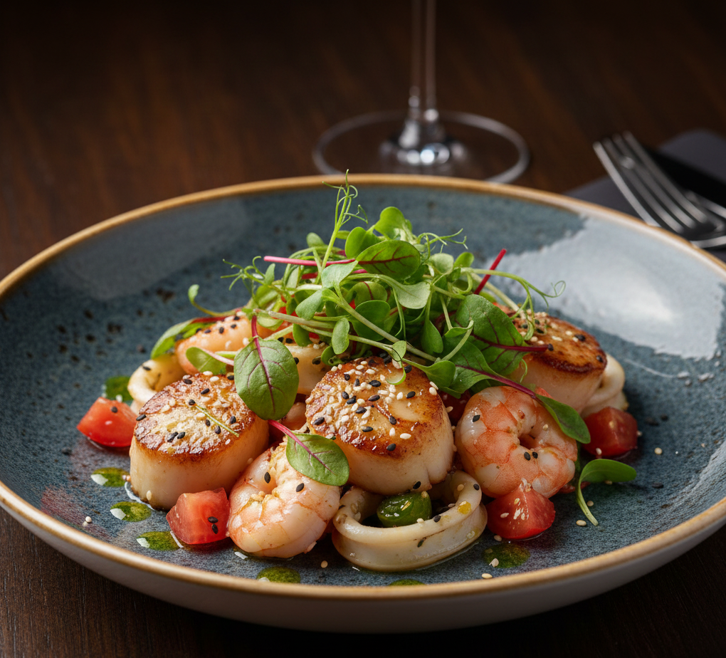 Теплий салат із морепродуктами та мікрозеленню мангольду