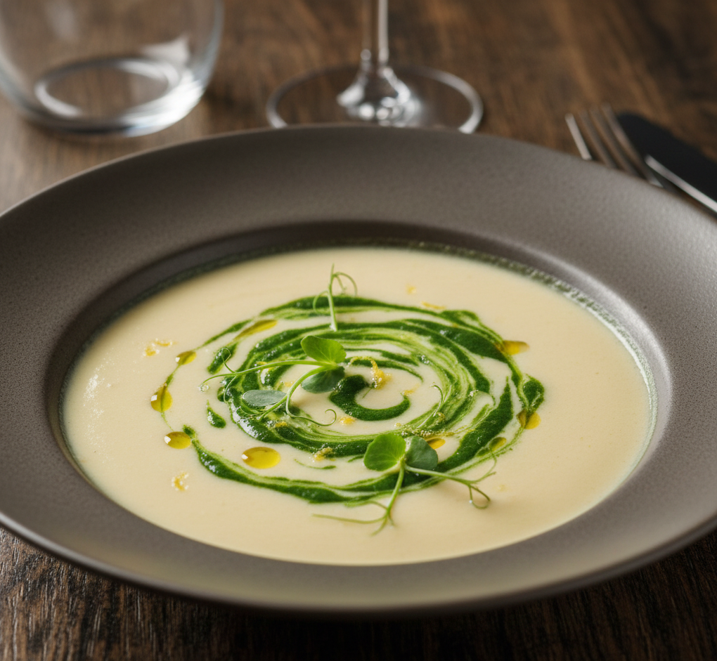 Крем із печеної цвітної капусти з зеленим “шовком” із мікрозелені гороху