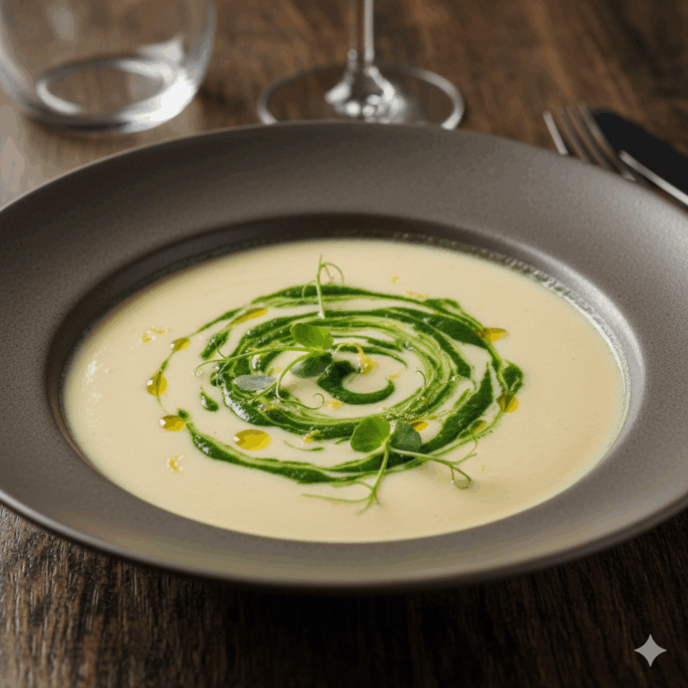 Крем із печеної цвітної капусти з зеленим “шовком” із мікрозелені гороху