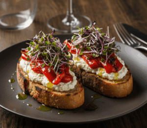Брускета з кремом фети, печеним перцем і мікрозеленню редису Санго