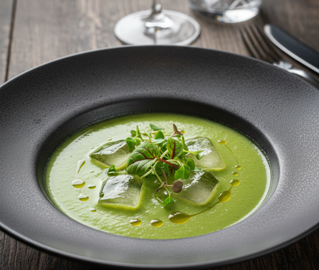 Холодний зелений гаспачо із щавлем та мікрогірчицею