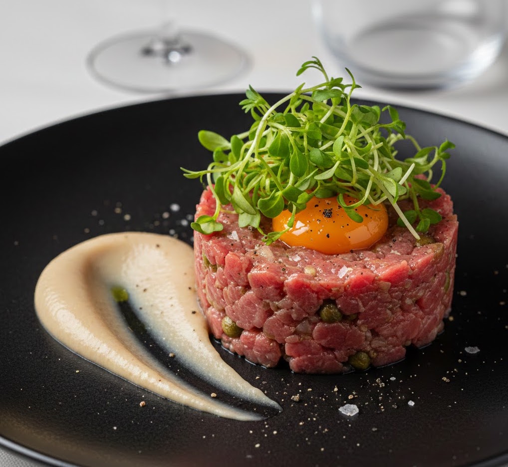 Тартар із телятини з кремом із копченої груші та мікрозеленню гірчиці