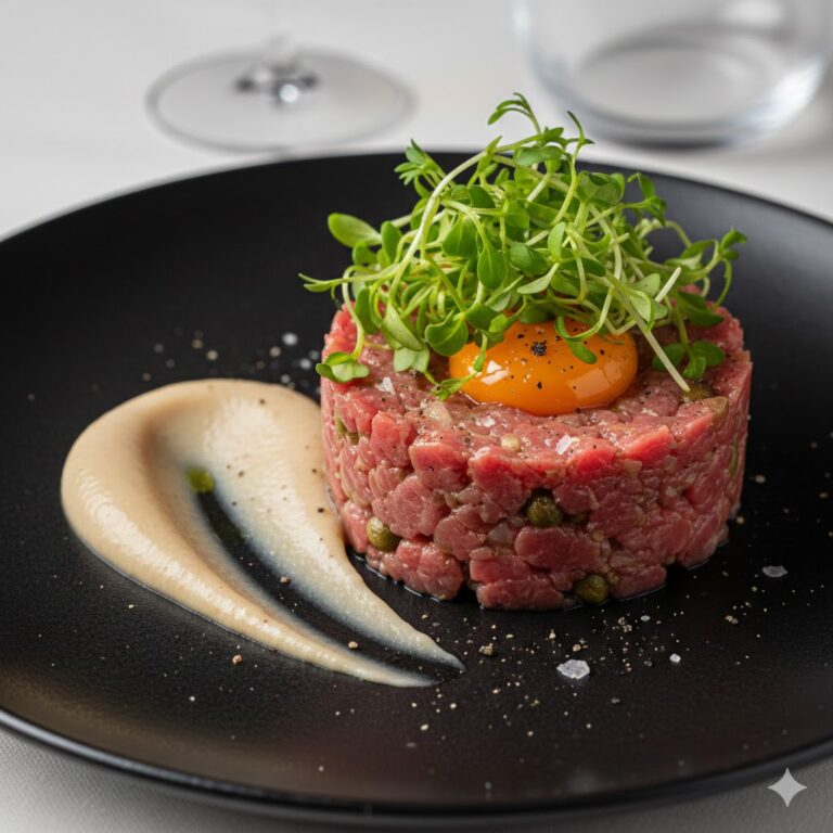 Тартар із телятини з кремом із копченої груші та мікрозеленню гірчиці