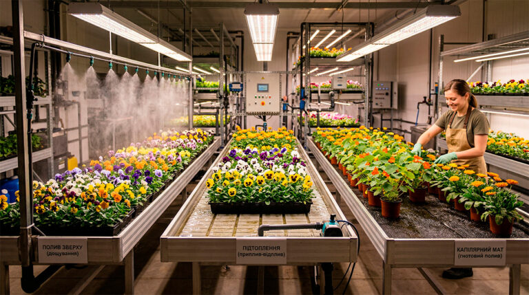 Irrigation Systems for Edible Flowers on a City Farm: Top Watering, Flood-and-Drain, and Capillary Mat